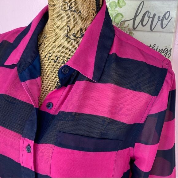 Banana Republic Sheer Rugby Stripe Button Front Shirt Small Pink Black - Picture 8 of 9